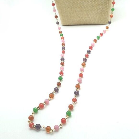 Long Multi-color Small Glass Beaded Necklace 46 inches Spring Ring - Picture 6 of 14